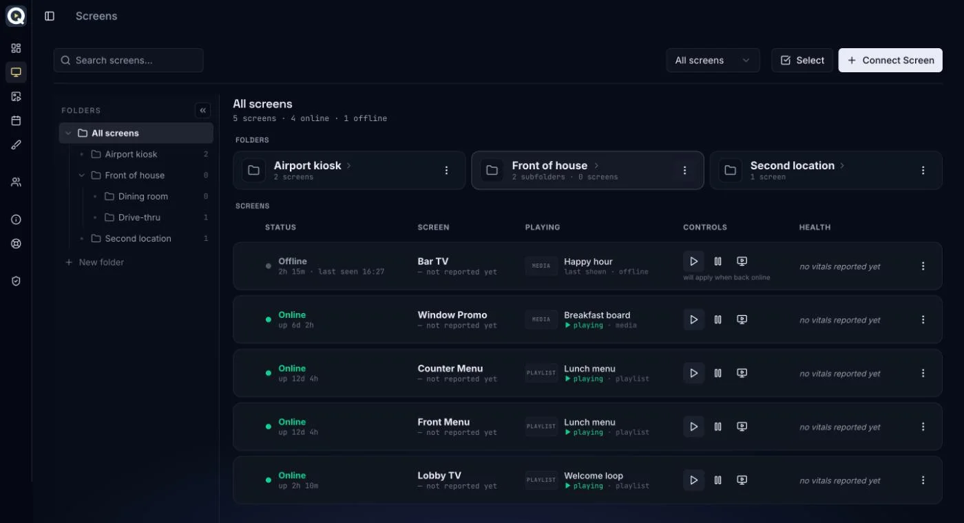 The DPQUE Screens page in the dark theme: folders, Online and Offline rows, and what each screen plays
